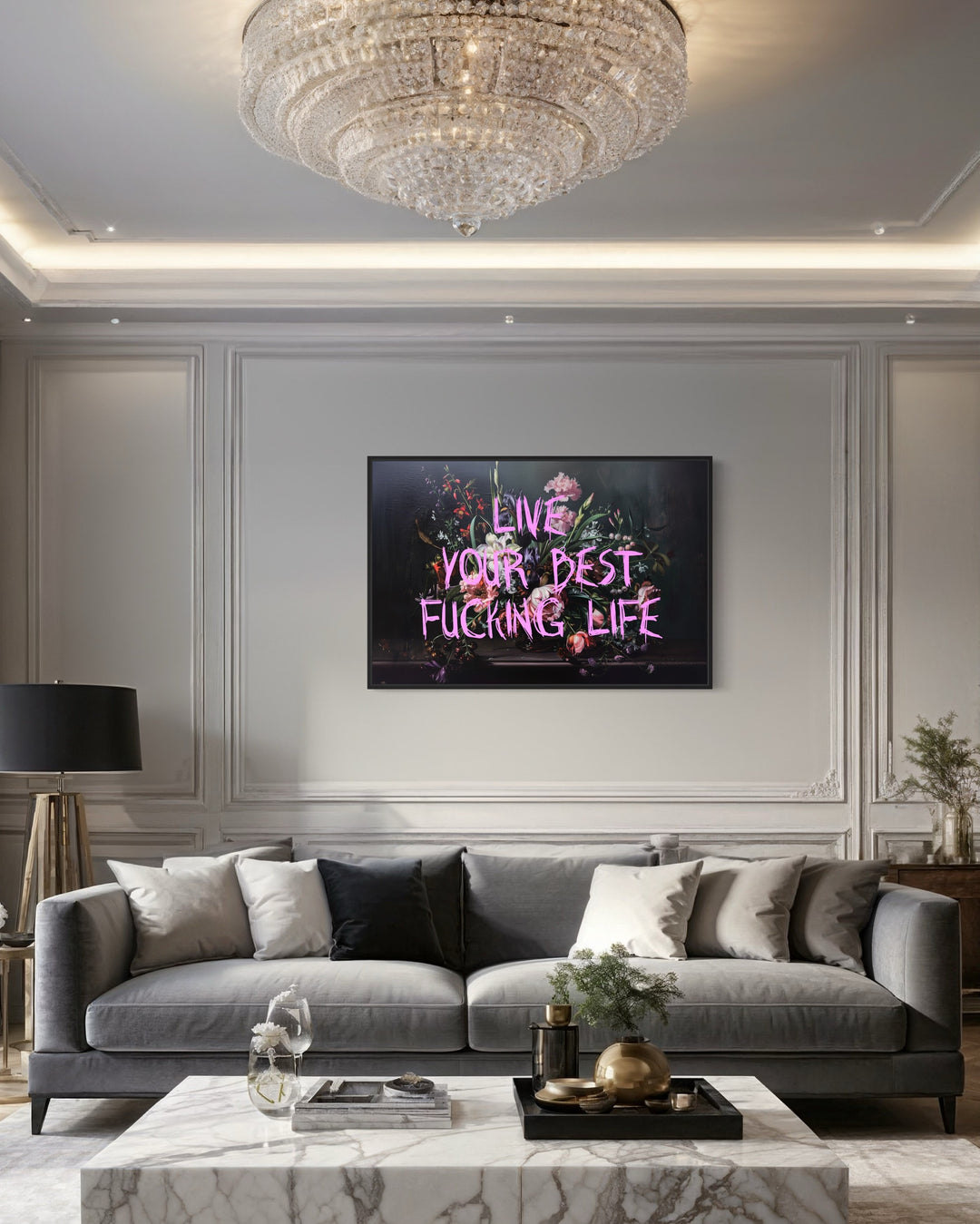 Live Your Best Fucking Life Dark Academia Flowers Feminist Wall Art in living room