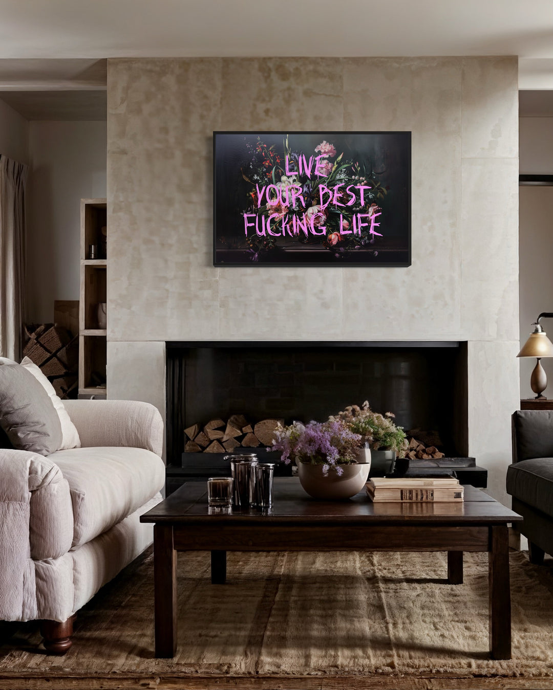 Live Your Best Fucking Life Dark Academia Flowers Feminist Wall Art above fireplace