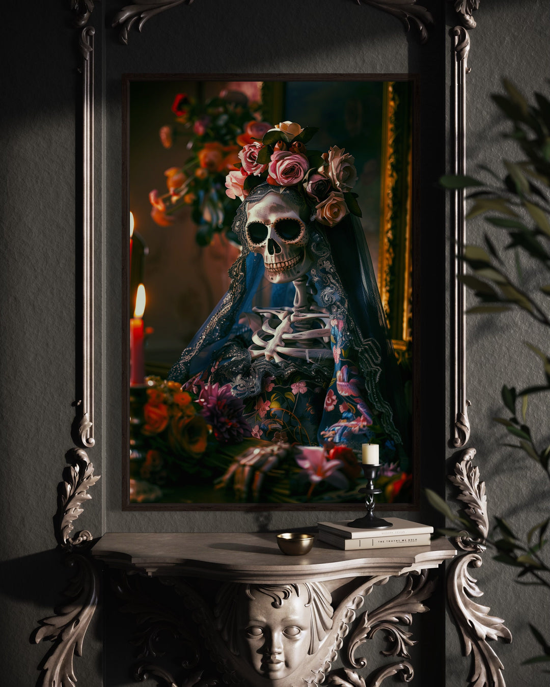 Skeleton Bride With Flowers Gothic Wall Art