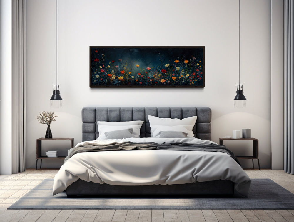 Dark Wildflowers Field Long Horizontal Over Bed Wall Art above bed