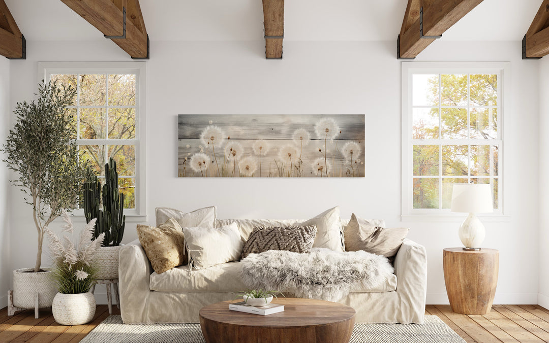 Rustic Dandelions Painting On Wood Long Horizontal Wall Art above couch