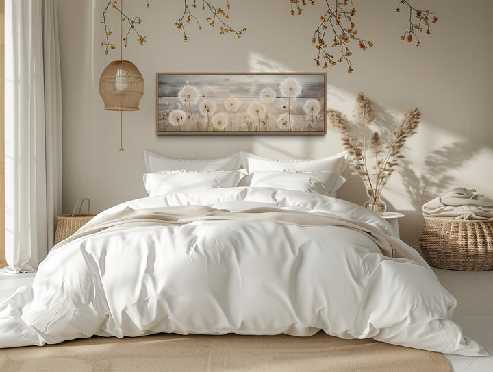 Rustic Dandelions Painting On Wood Long Horizontal Wall Art above beige bed