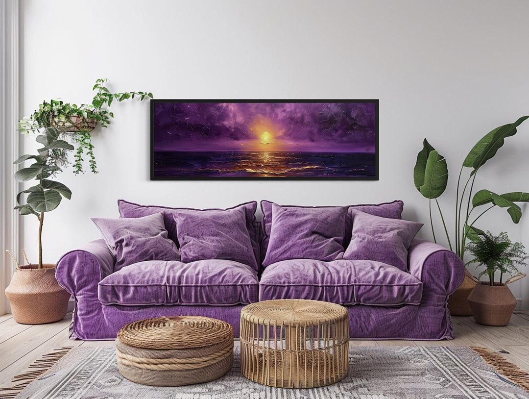 Purple Gold Ocean Sunset Wall Art, Long Horizontal Abstract Purple Painting Canvas Print Framed Ready To Hang