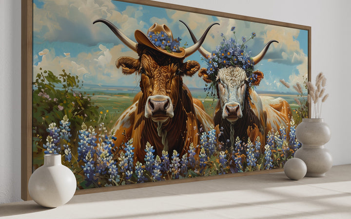 Two Texas Longhorns Cow And Bull Wall Art side view
