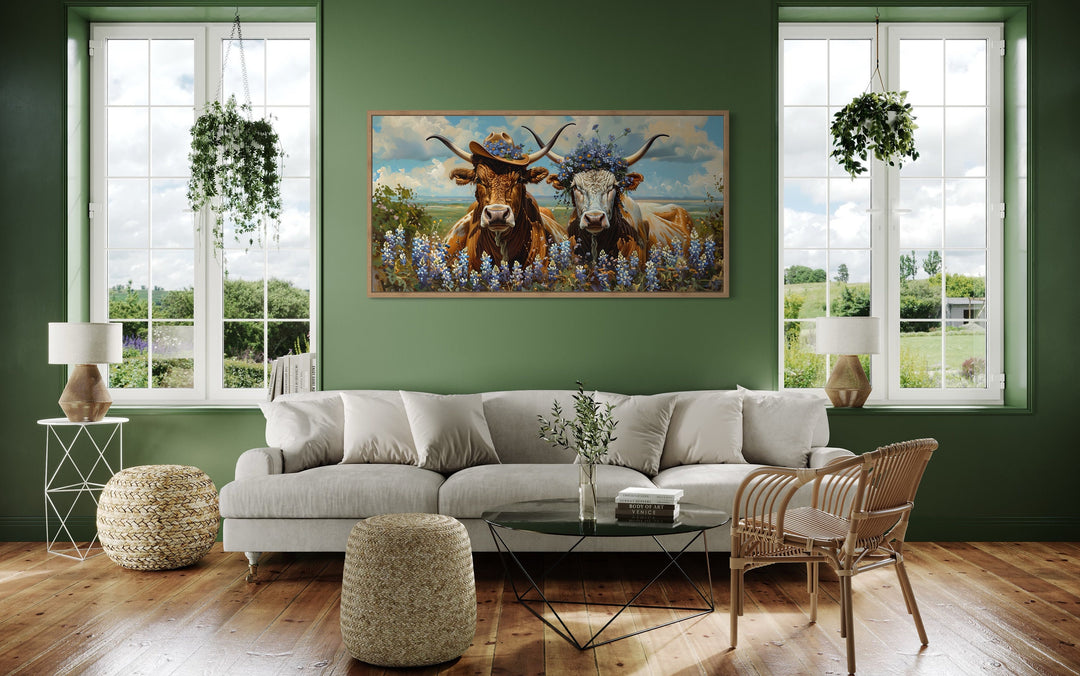 Two Texas Longhorns Cow And Bull Wall Art in green living room
