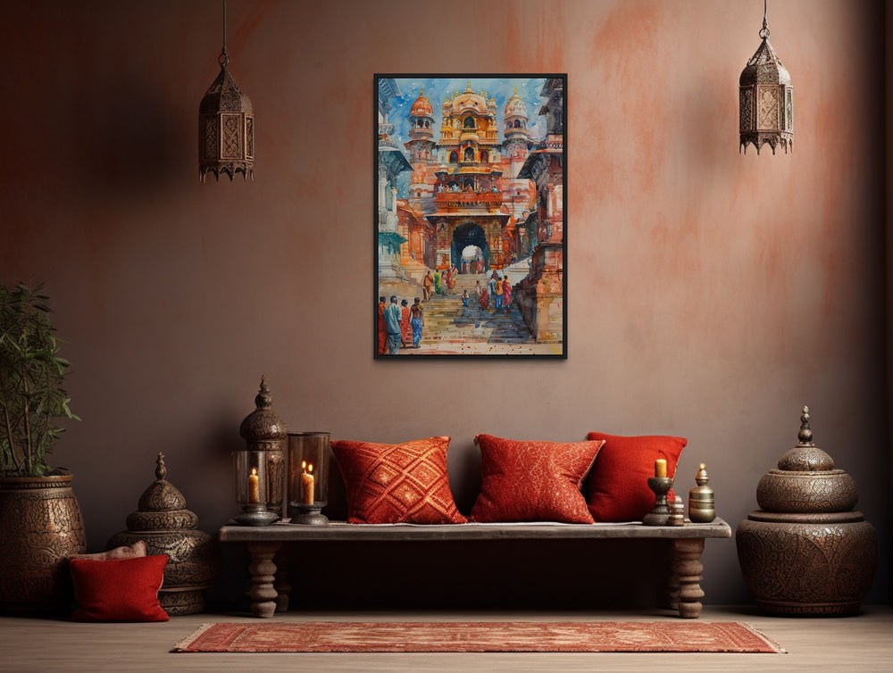 People Going To Indian Temple Framed Canvas Wall Art in indian room