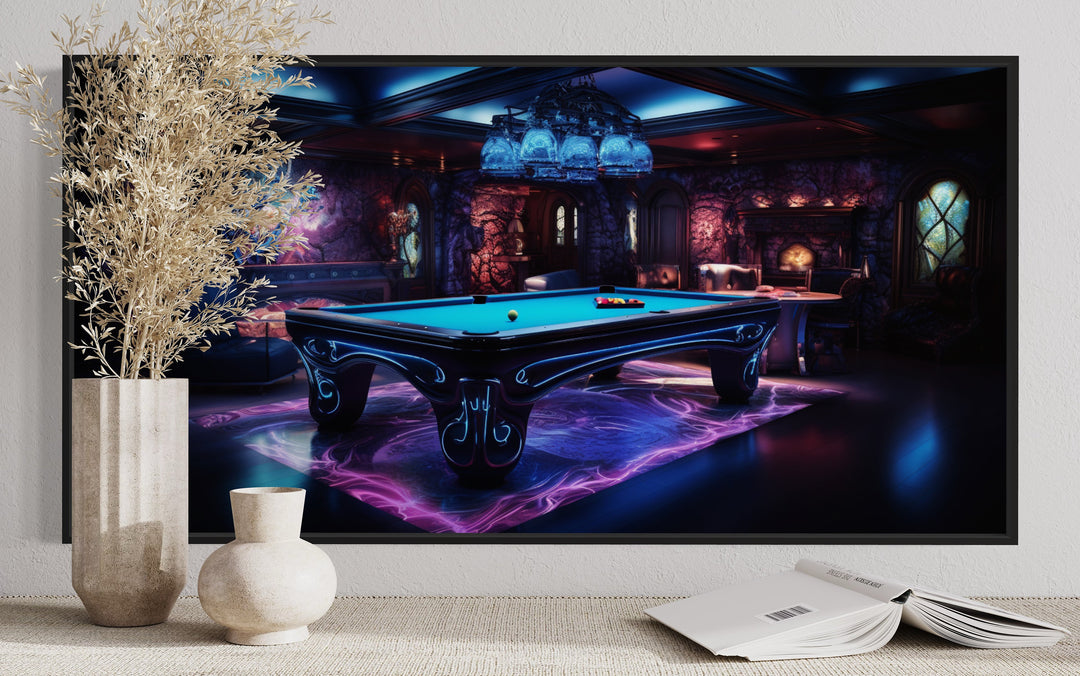 Billiards Neon Colors Framed Canvas Wall Art in game room close up