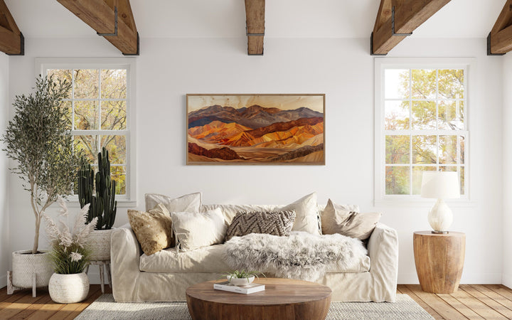 Death Valley Layered Wood Style Painting Framed Canvas Wall Art above beige couch