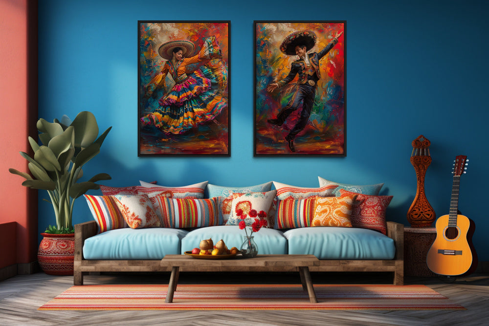 Set of 2 Mexican Man And Woman Dancing Traditional Mexican Wall Art