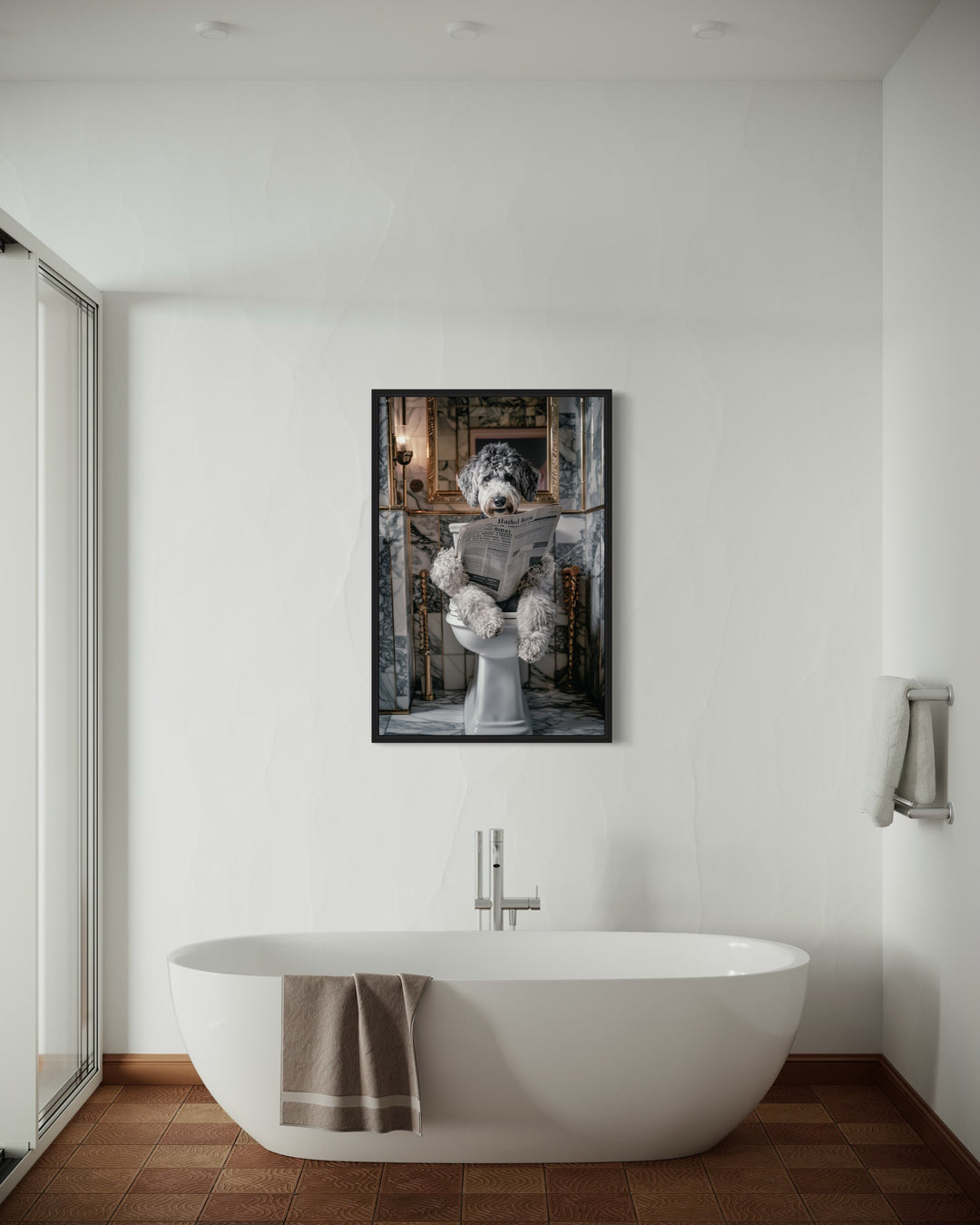 Aussiedoodle Dog On The Toilet Reading Newspaper Framed Canvas Wall Art in the bathroom