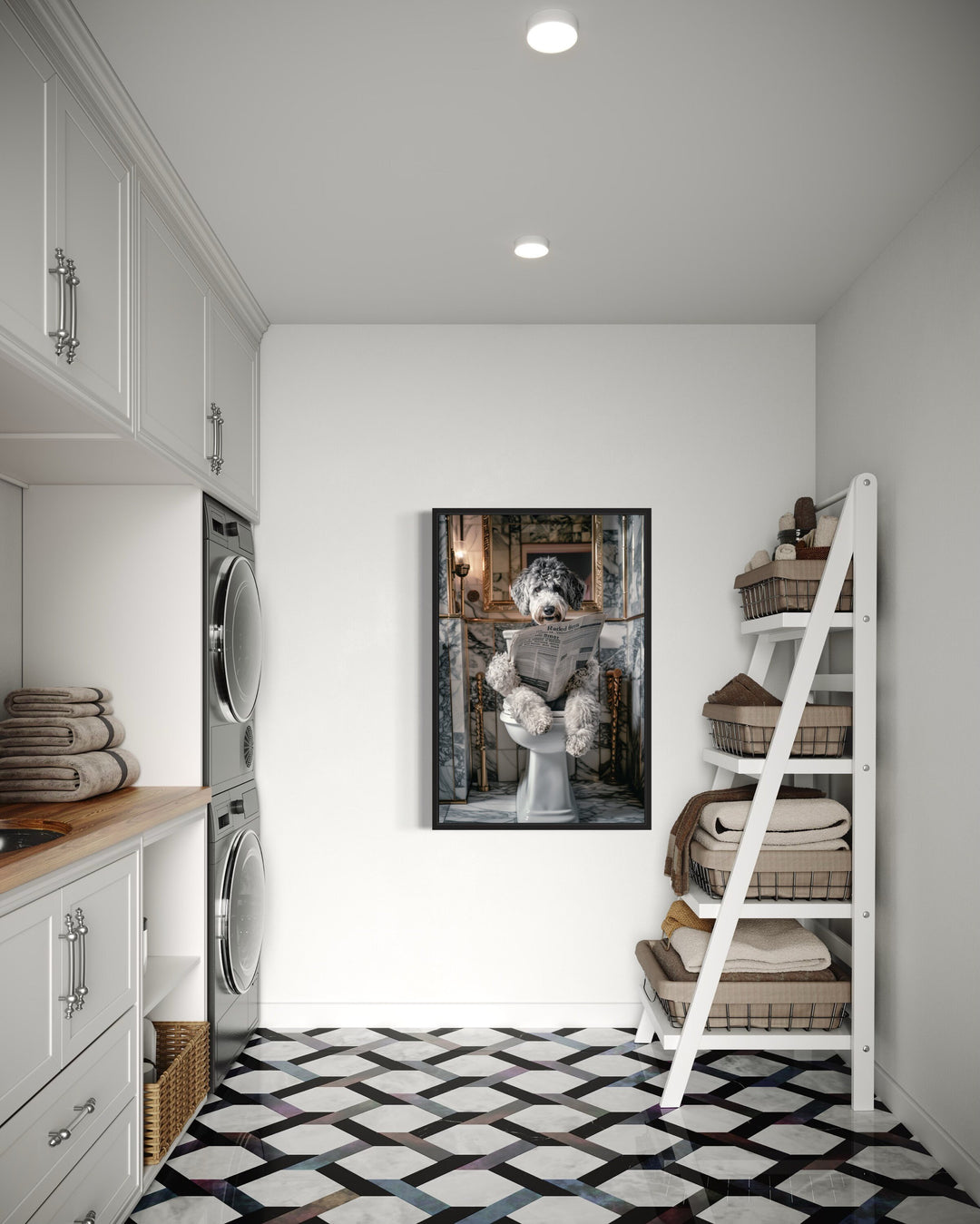 Aussiedoodle Dog On The Toilet Reading Newspaper Framed Canvas Wall Art in the laundry