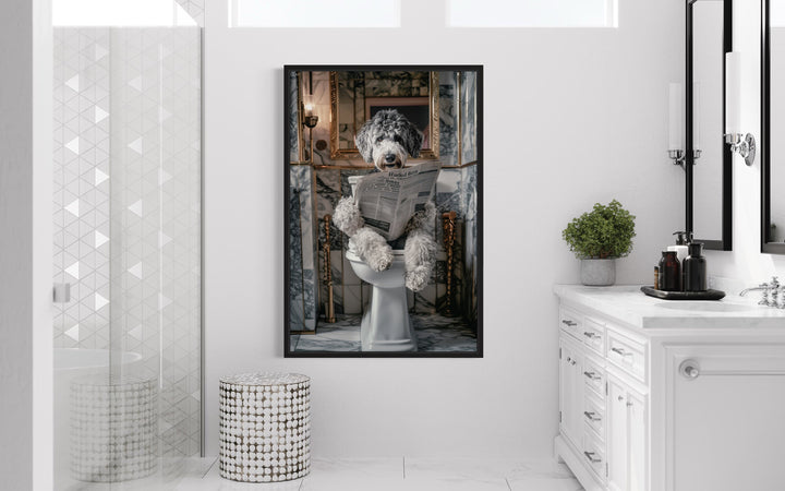 Aussiedoodle Dog On The Toilet Reading Newspaper Framed Canvas Wall Art in the bathroom