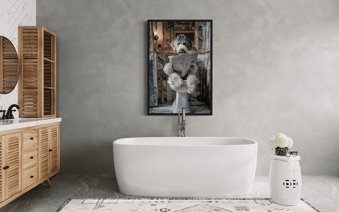 Aussiedoodle Dog On The Toilet Reading Newspaper Framed Canvas Wall Art in the bathroom