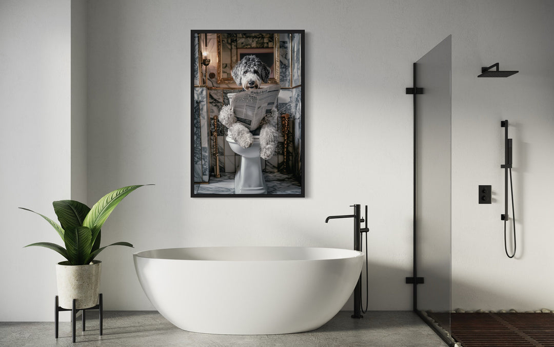 Aussiedoodle Dog On The Toilet Reading Newspaper Framed Canvas Wall Art in the bathroom