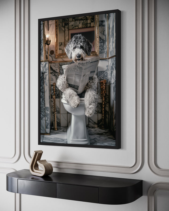 Aussiedoodle Dog On The Toilet Reading Newspaper Framed Canvas Wall Art side view