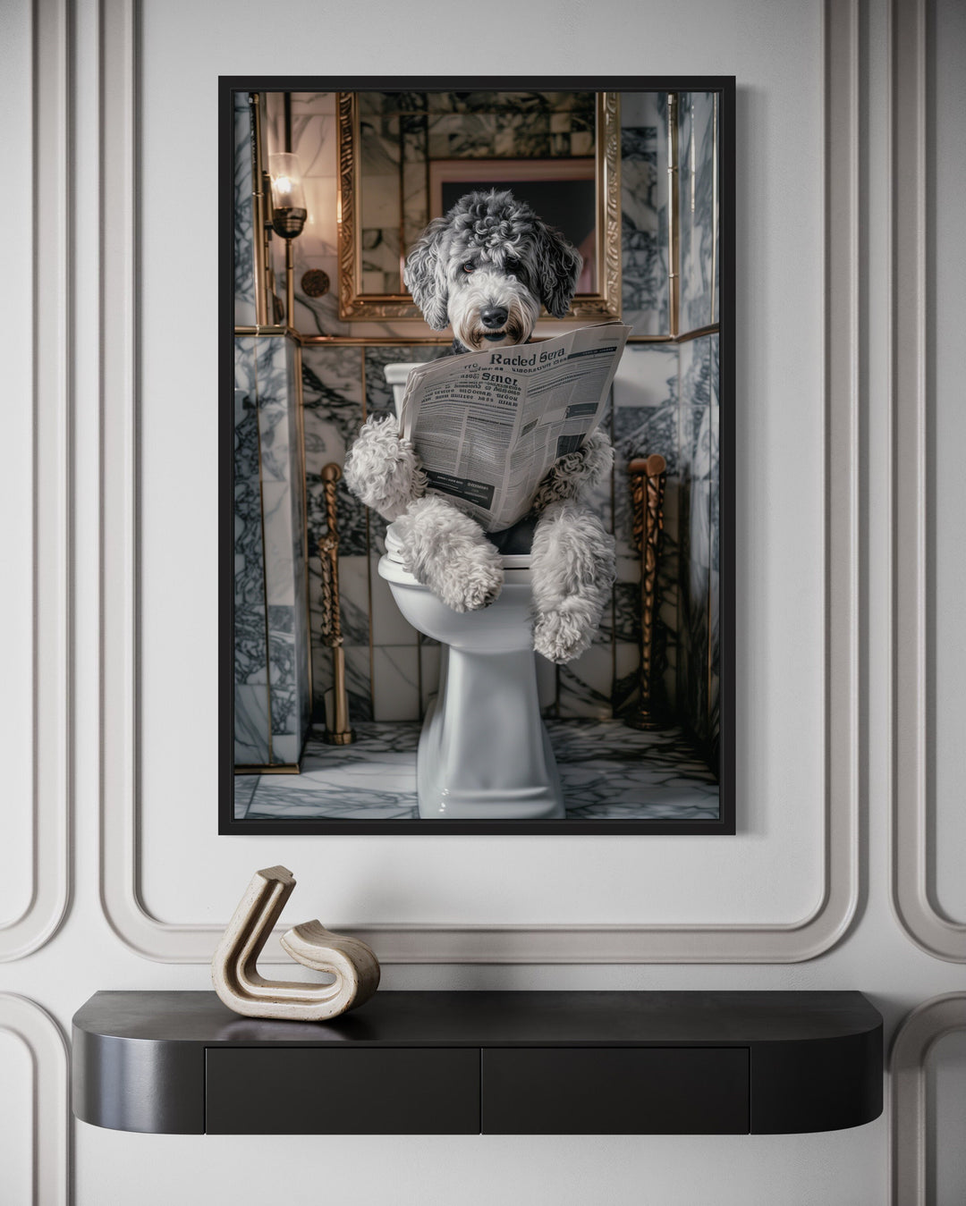 Aussiedoodle Dog On The Toilet Reading Newspaper Framed Canvas Wall Art