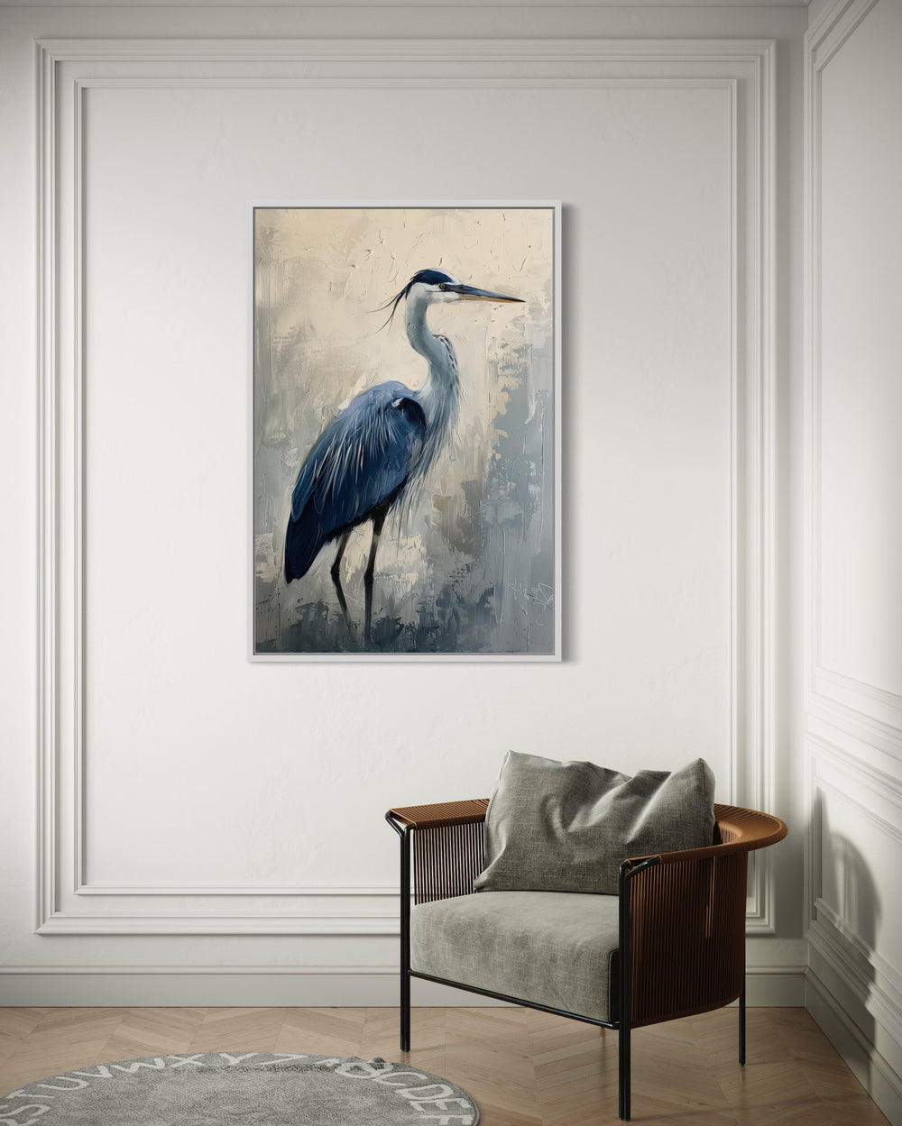 Blue Heron Abstract Painting Coastal Framed Canvas Wall Art in living room
