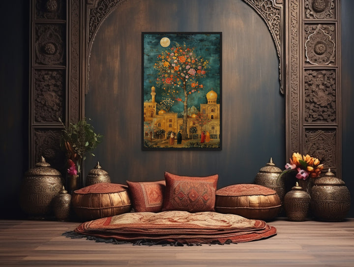 Persian Garden and Architecture Under Moonlight Framed Canvas Wall Art in persian room