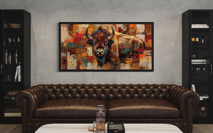 American Bison Colorful Southwestern Framed Canvas Wall Art above brown couch