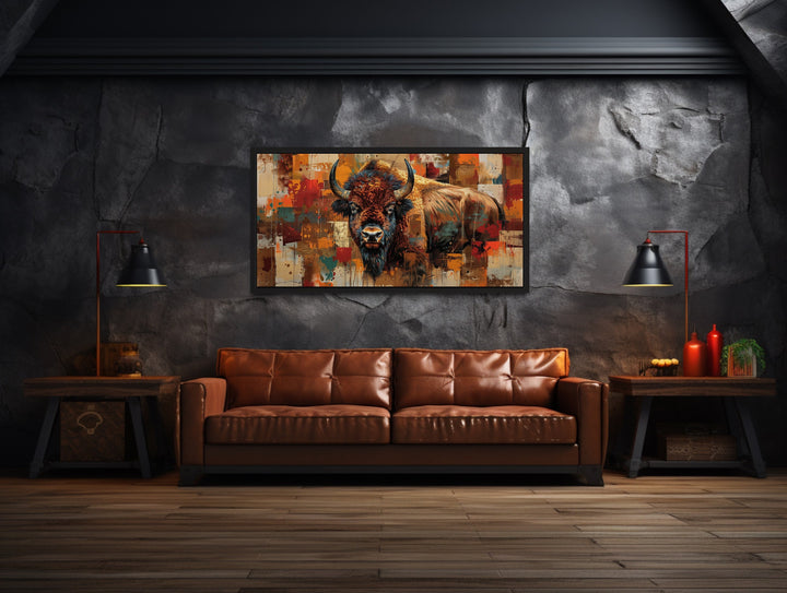 American Bison Colorful Southwestern Framed Canvas Wall Art on dark wall