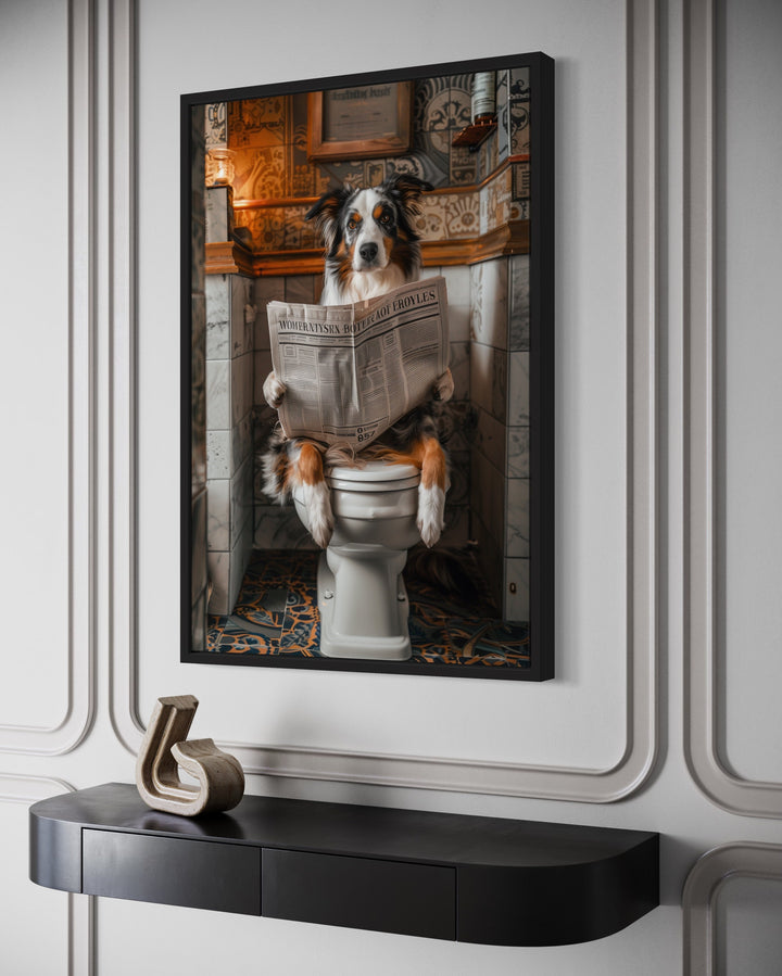 Australian Shepherd Dog On The Toilet Reading Newspaper Framed Canvas Wall Art side view