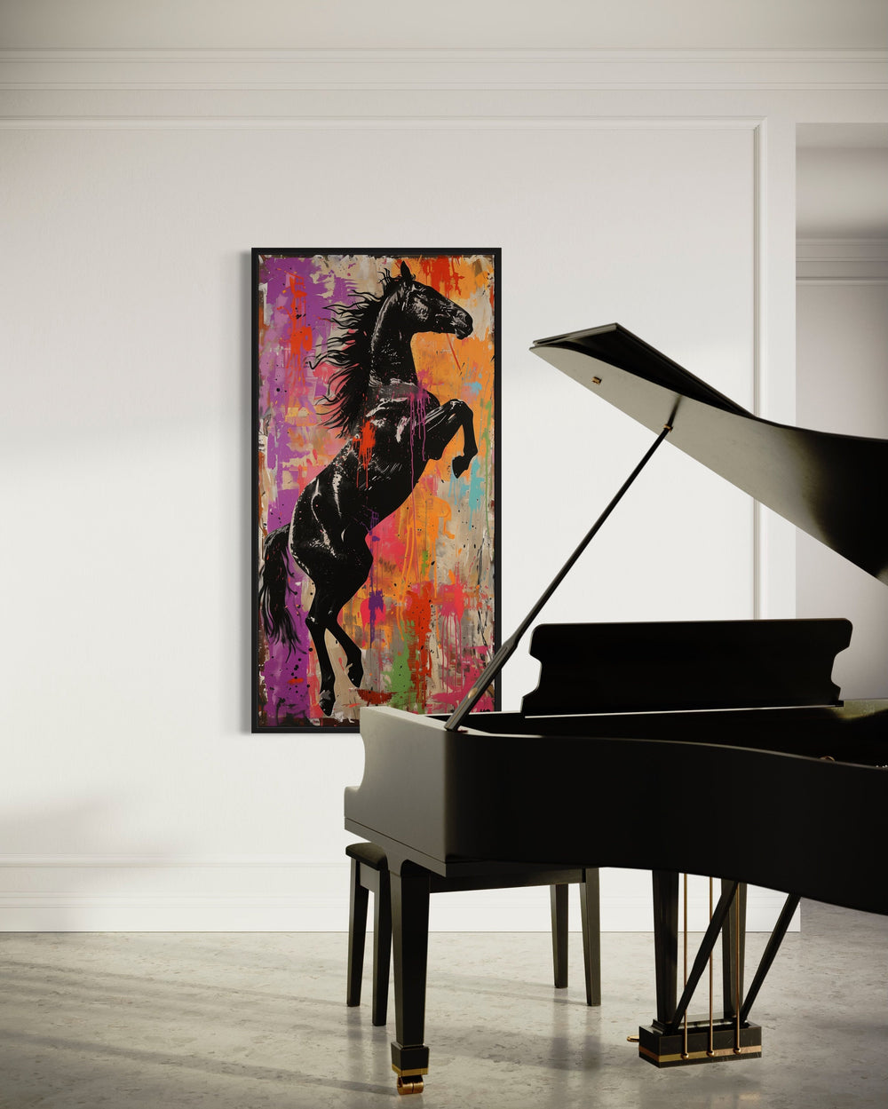 Colorful Rearing Horse Graffiti Framed Canvas Wall Art in music room