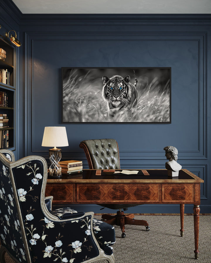 black white photo tiger with blue eyes wall art