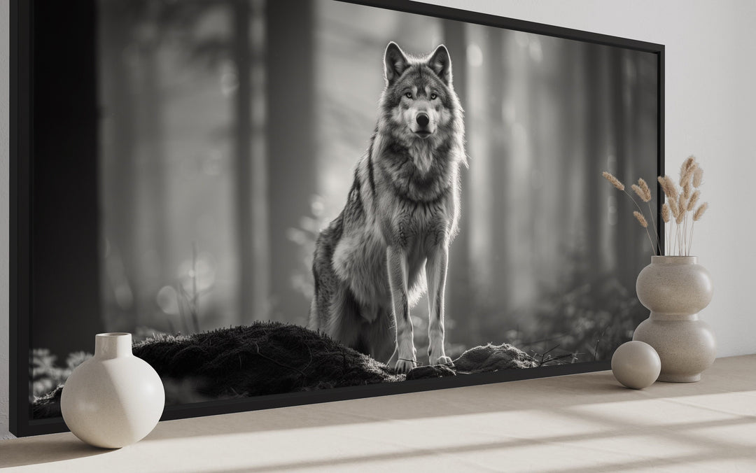 Wolf In The Forest Black White Photography Framed Canvas Wall Art side view