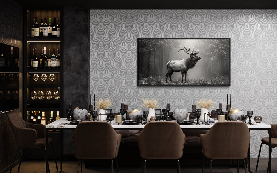 Elk Stag In The Forest Black White Photography Framed Canvas Wall Art in dining room