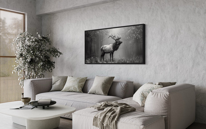 Elk Stag In The Forest Black White Photography Framed Canvas Wall Art above grey couch