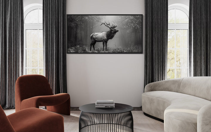 Elk Stag In The Forest Black White Photography Framed Canvas Wall Art in living room