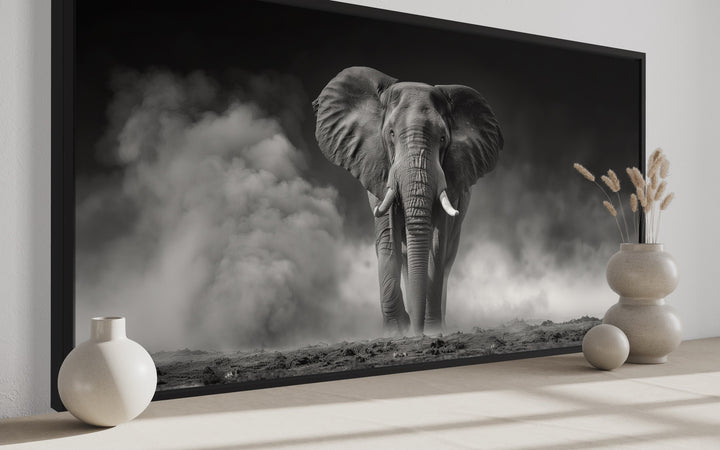 Elephant In Savanna Dust Black White Photography Framed Canvas Wall Art side view