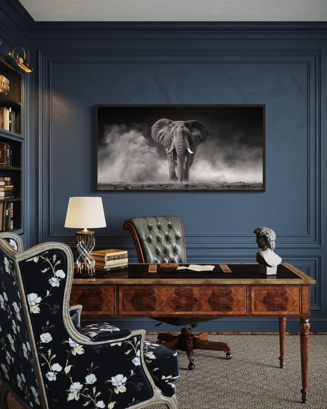 Black White Photo Style Elephant In Savanna Dust Framed Canvas Wall Art