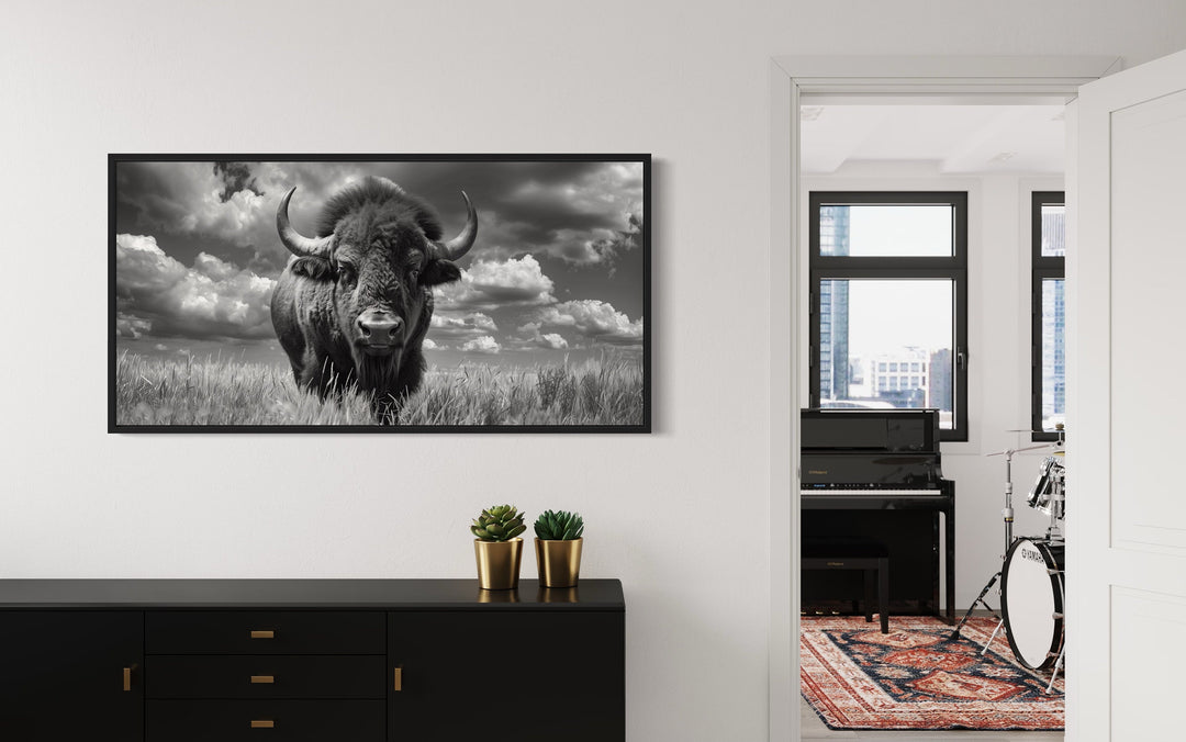American Bison In Nature Black White Photography Framed Canvas Wall Art in living room