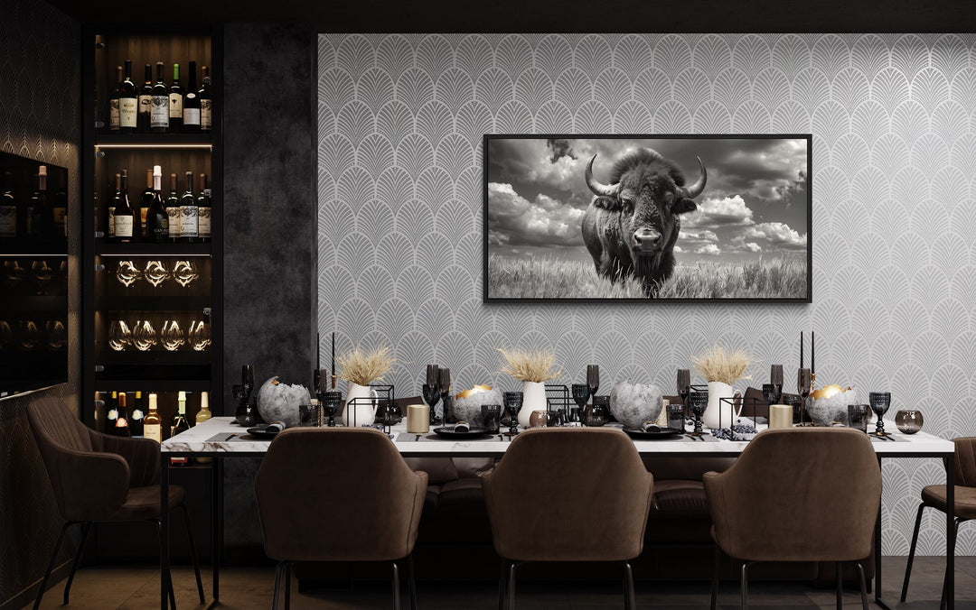 Black White Photo Style American Bison In Nature Framed Canvas Wall Art, Animal