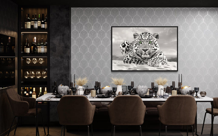 Leopard With Green Eyes Black White Photography Framed Canvas Wall Art in dining room