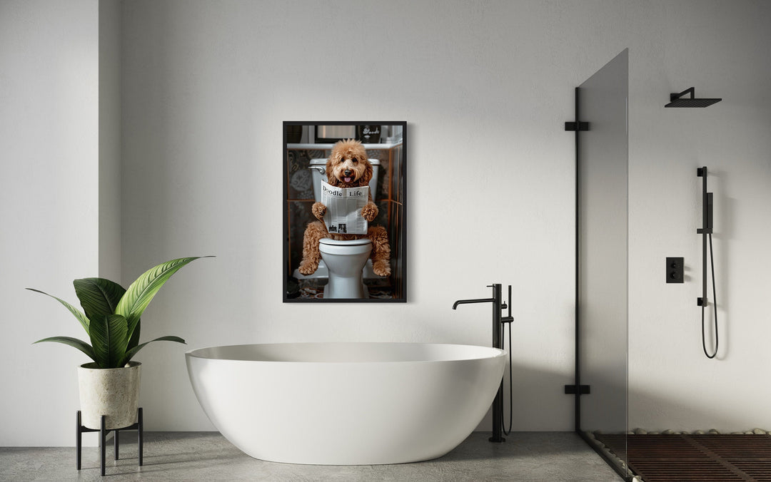 Goldendoodle Bathroom Picture On Toilet Framed Canvas Wall Art in bathroom