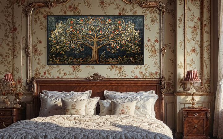 Antique Tapestry Style Tree Of Life Framed Canvas Wall Art above bed