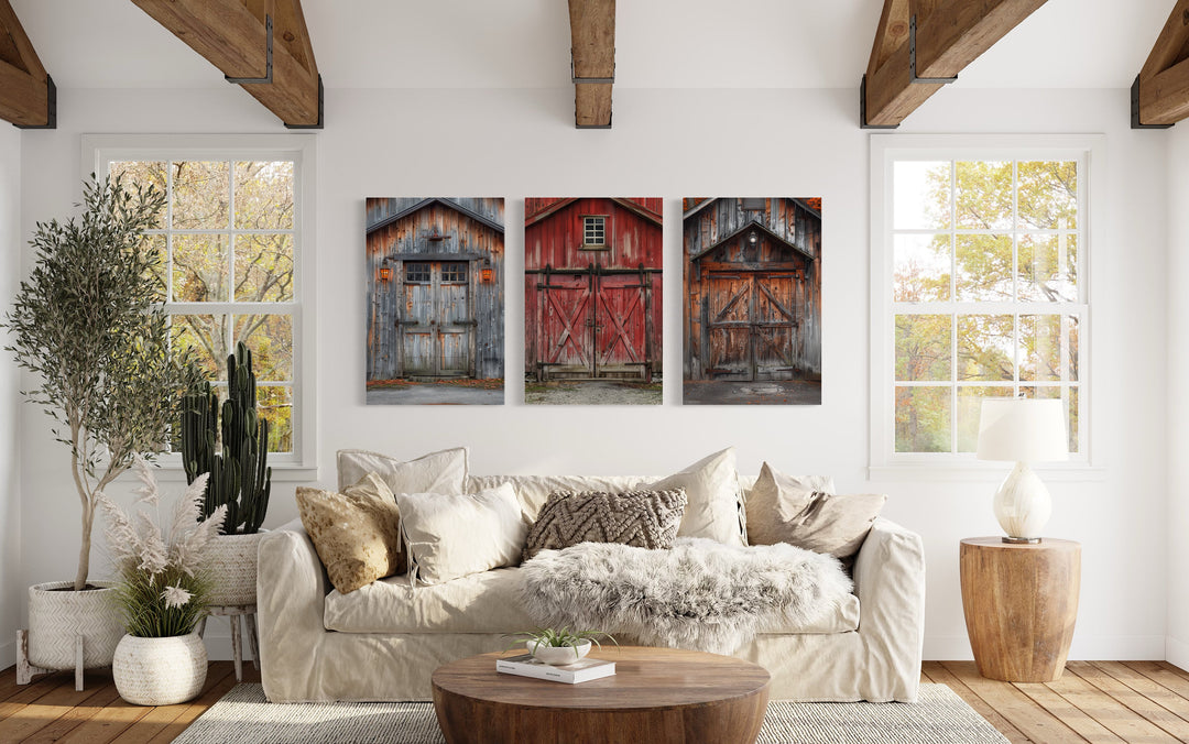 Three Rustic Chic Barn Doors Painting Farmhouse Framed Canvas Wall Art above beige couch