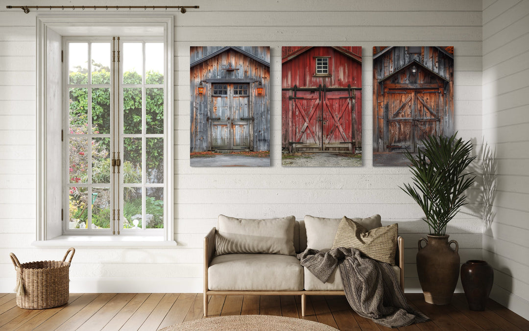 Three Rustic Chic Barn Doors Painting Farmhouse Framed Canvas Wall Art in rustic room