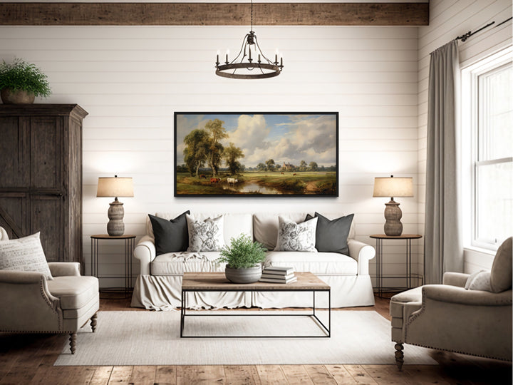 Antique Style Pastoral Country Landscape with cows in rustic room