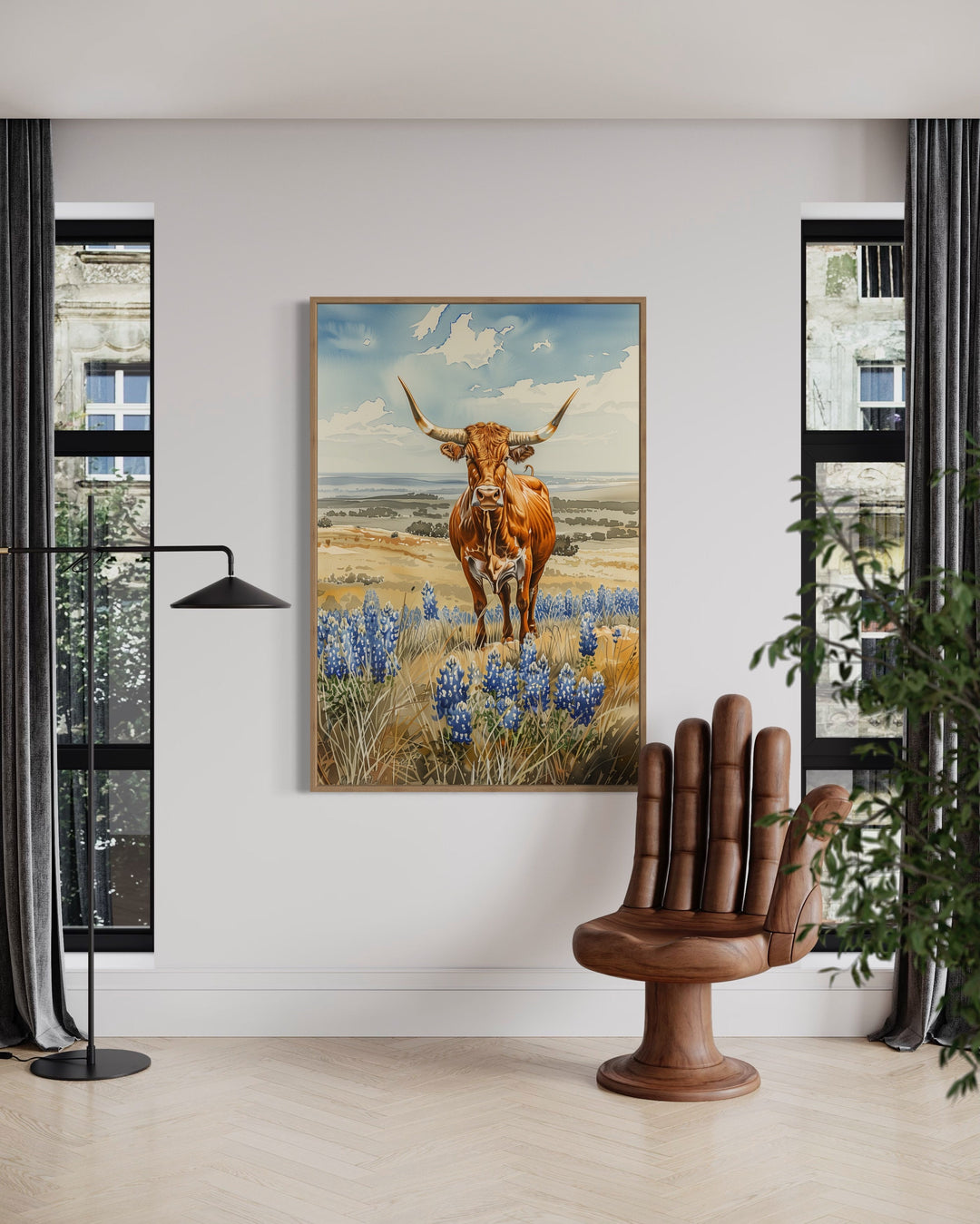 Texas Longhorn Cow In Bluebonnets Field wall art in modern room