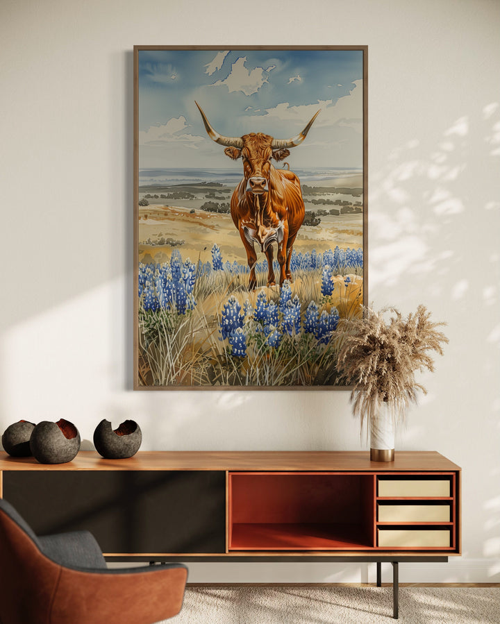 Texas Longhorn Cow In Bluebonnets Field wall art above side table