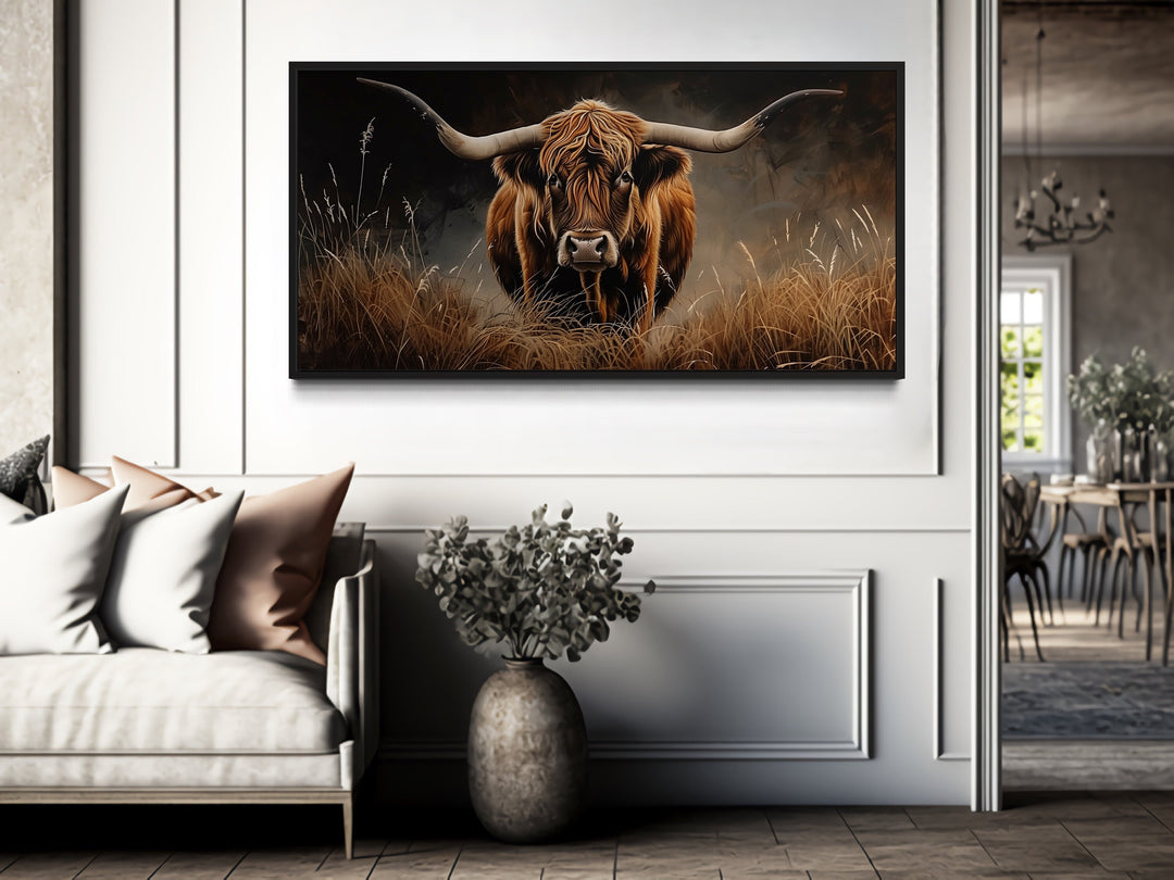 Highland Cow In Grass Dark Brown Painting Framed Canvas Wall Art