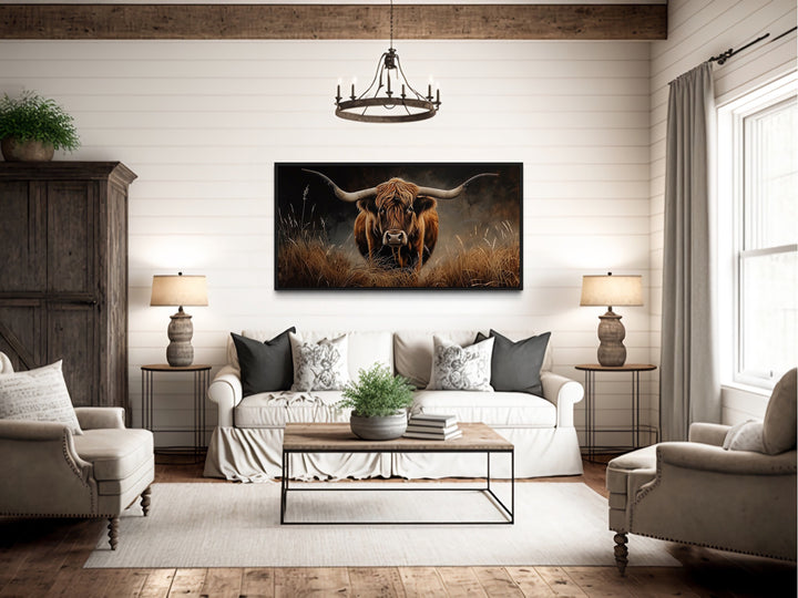 Highland Cow In Grass Dark Brown Painting Framed Canvas Wall Art in rustic home