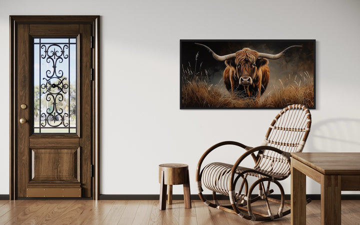 Highland Cow In Grass Dark Brown Painting Framed Canvas Wall Art on large wall