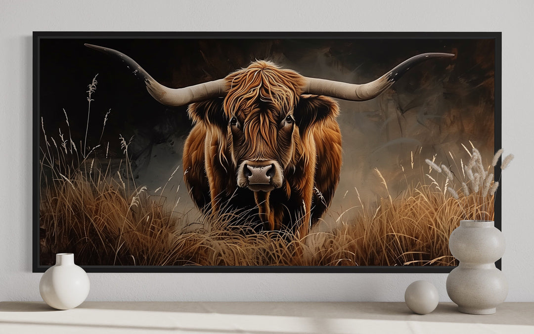 Highland Cow In Grass Dark Brown Painting Framed Canvas Wall Art close up