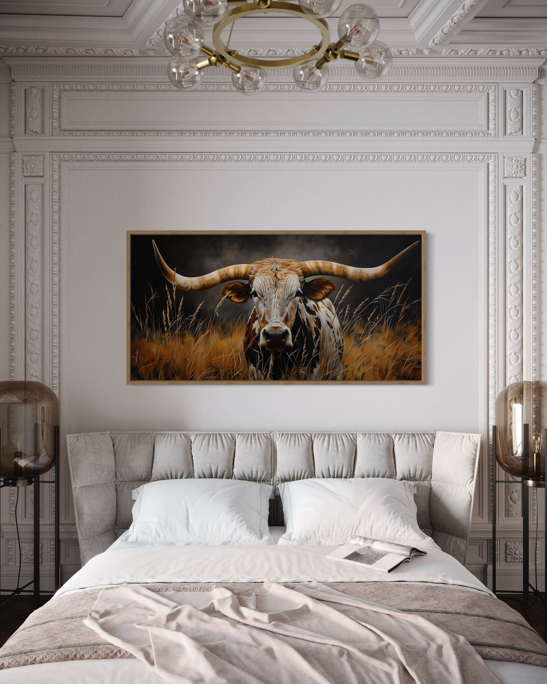 Texas Longhorn Steer In Grass Dark Brown Painting Framed Canvas Wall Art above bed