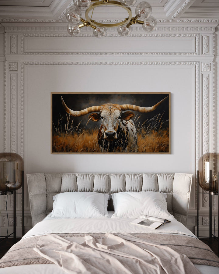Texas Longhorn Steer In Grass Dark Brown Painting Framed Canvas Wall Art above bed
