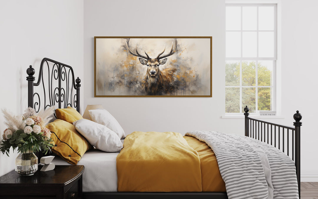 Deer Abstract Portrait Extra Large Framed Canvas Wall Art in bedroom